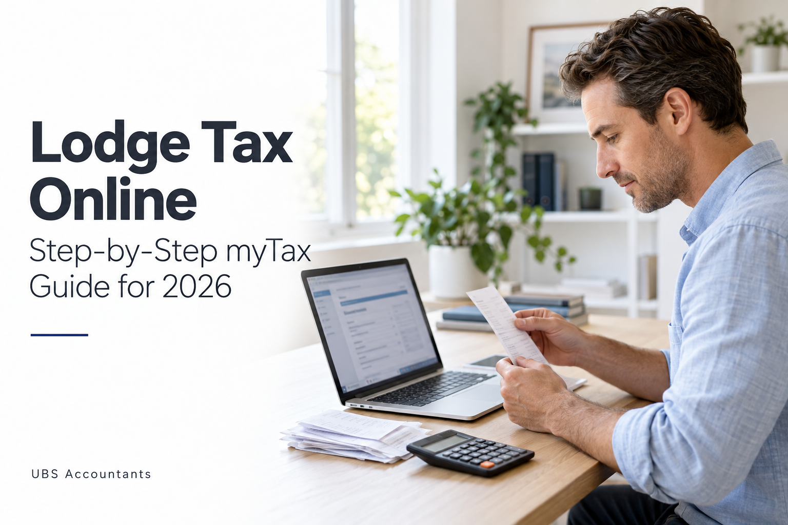 Man reviewing receipts beside a laptop while preparing his online tax return.
