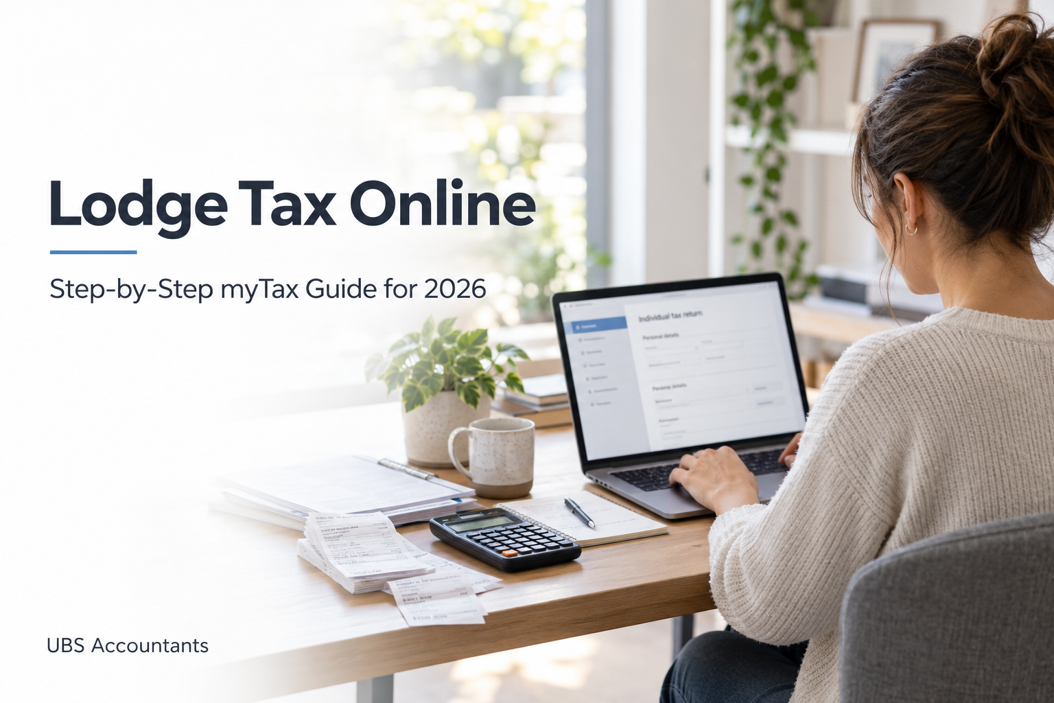 Woman preparing an online tax return on a laptop, with receipts and a calculator nearby.