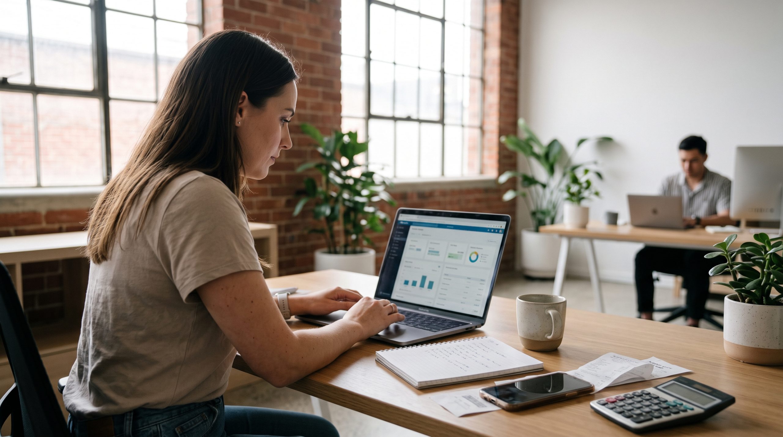 Australian small business owner comparing cloud accounting software on a laptop in an office